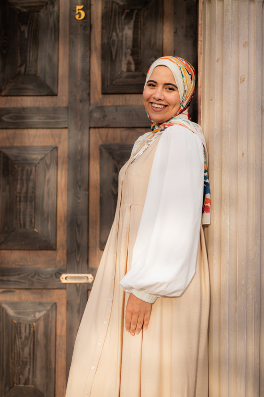 Beige Dress with attached white sleeves