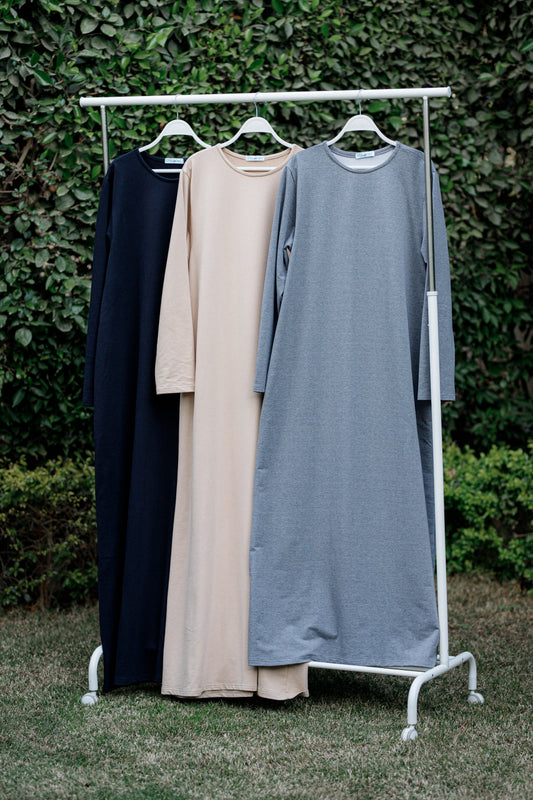 Beige Cotton Basic Dress with Sleeves