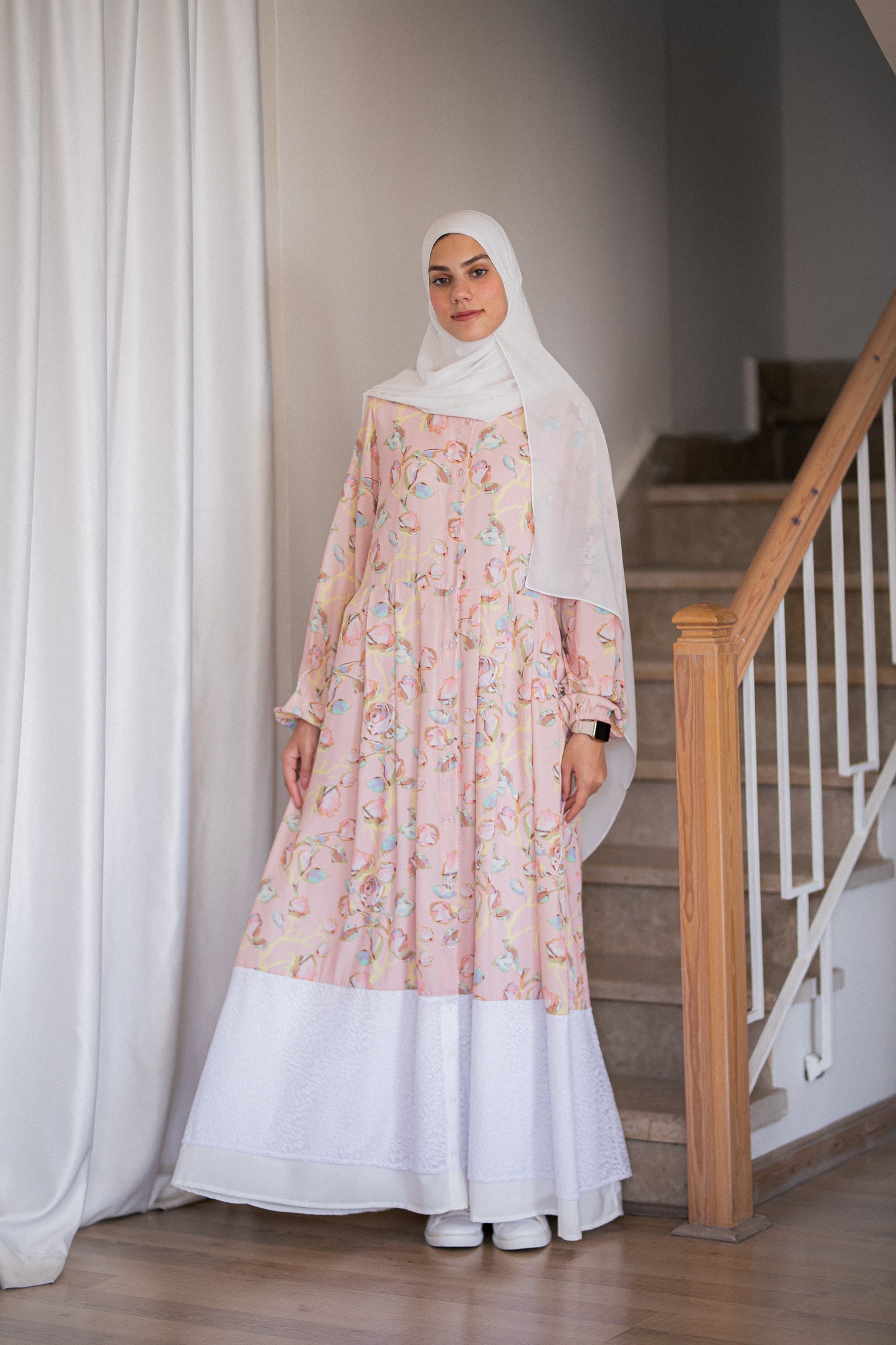 Pink Floral Crepe Dress with lace Trim