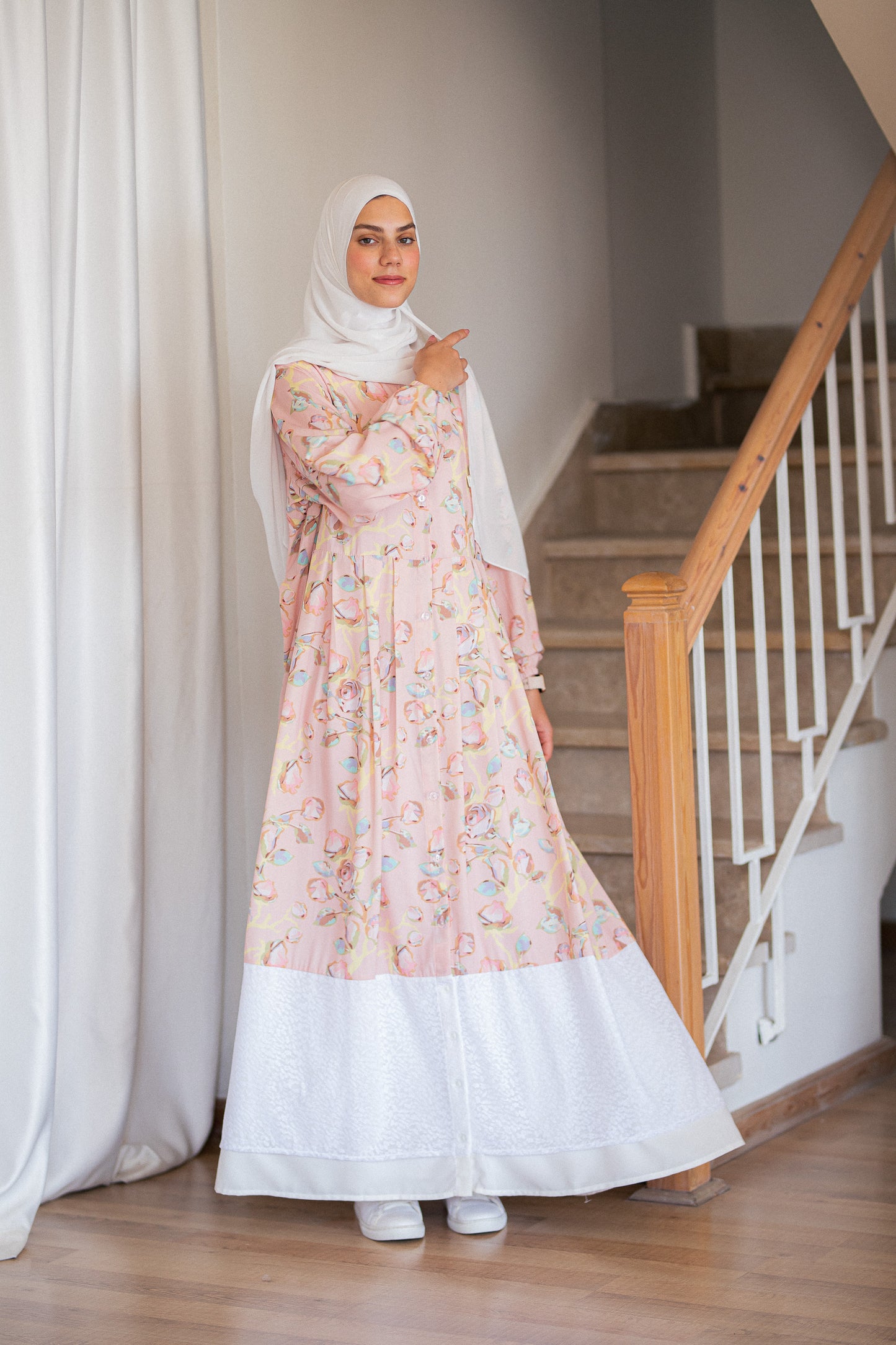 Pink Floral Crepe Dress with lace Trim