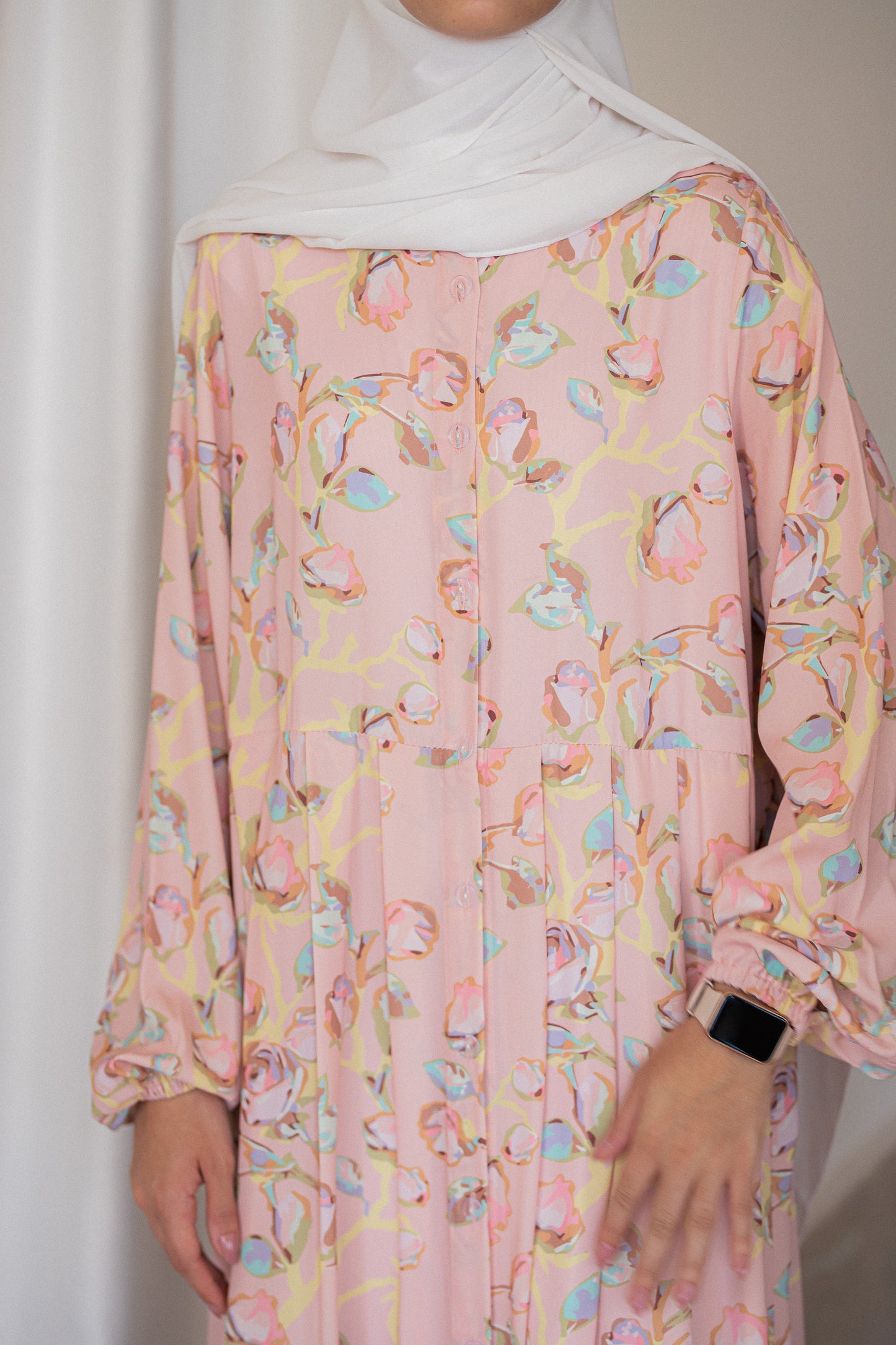 Pink Floral Crepe Dress with lace Trim