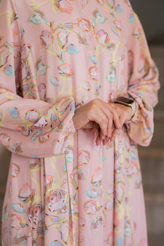 Pink Floral Crepe Dress with lace Trim