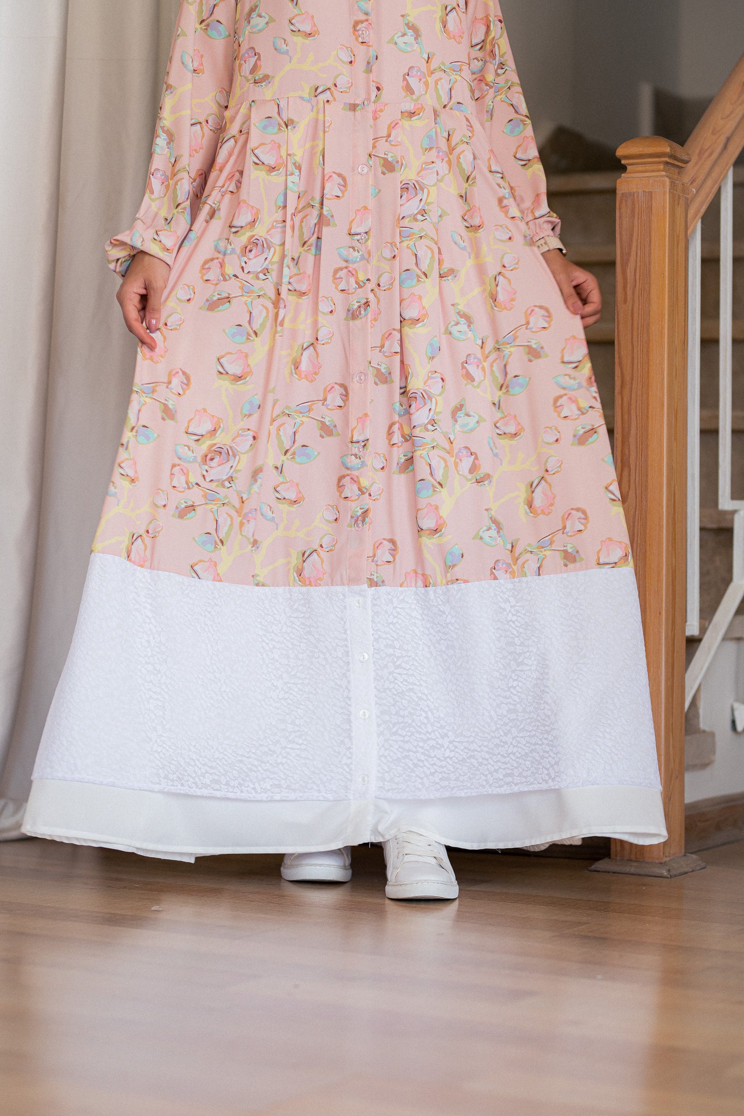 Pink Floral Crepe Dress with lace Trim