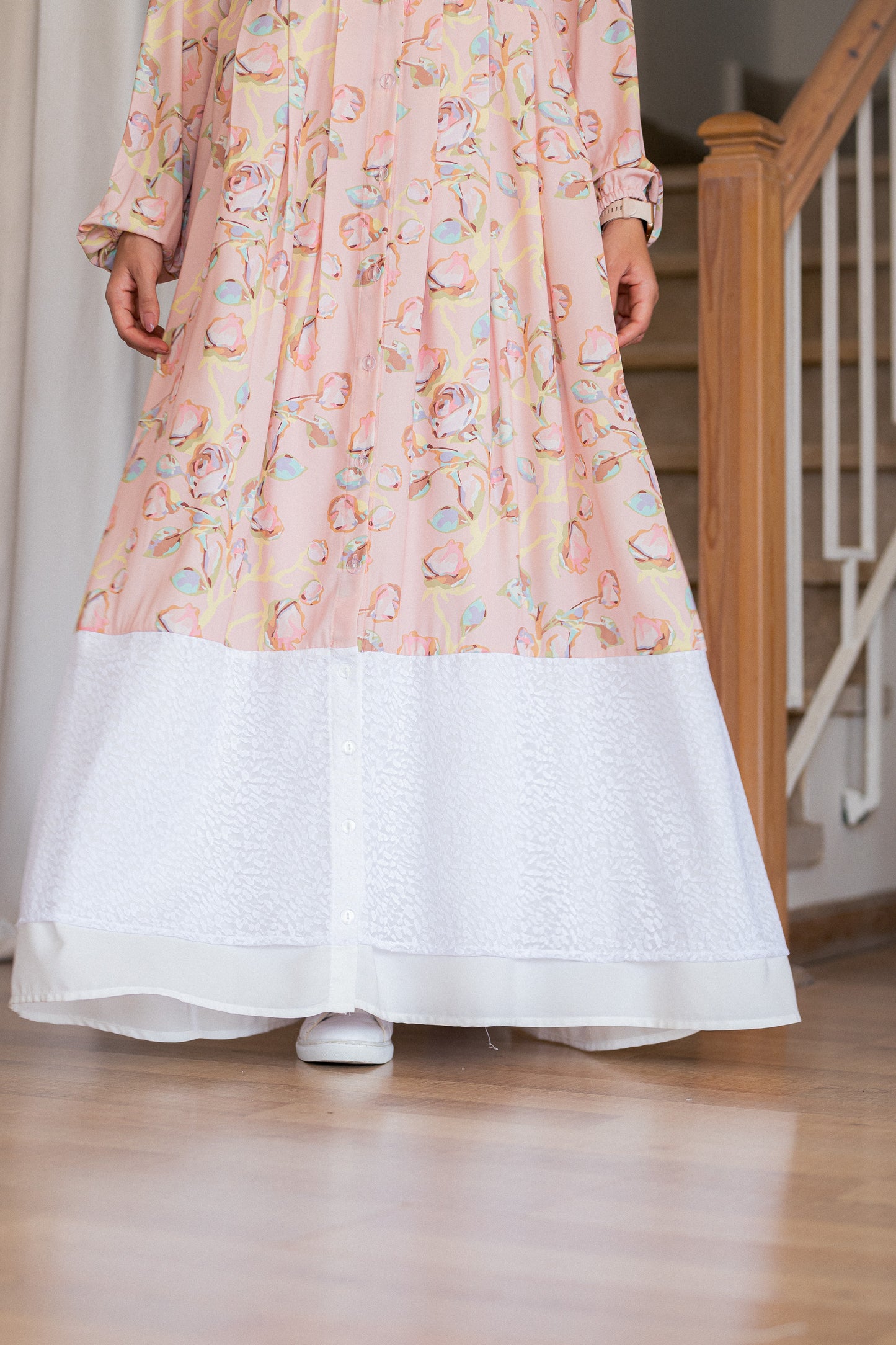 Pink Floral Crepe Dress with lace Trim