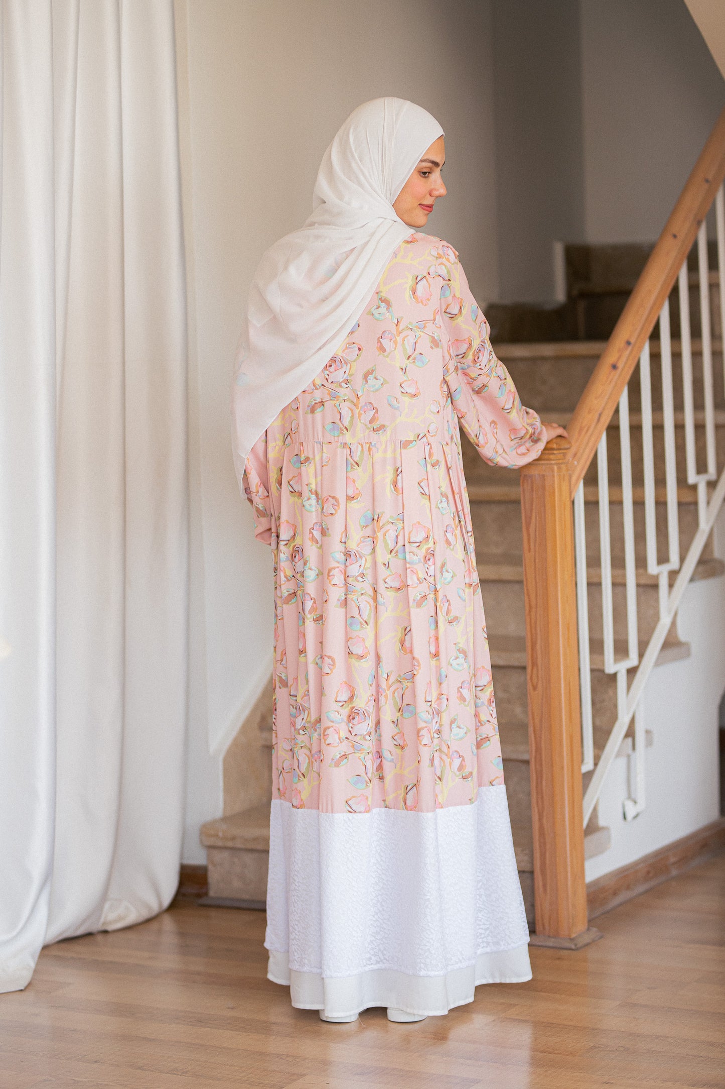 Pink Floral Crepe Dress with lace Trim