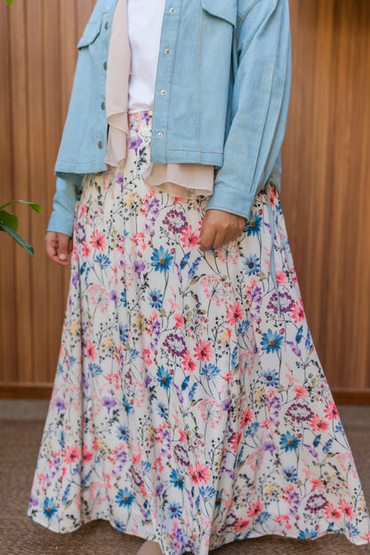 Maxi Lined crepe skirt / off-White floral