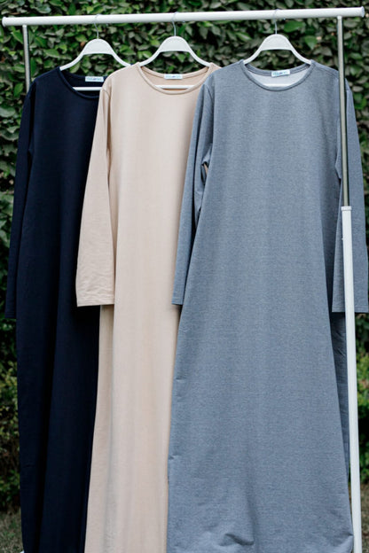 Beige Cotton Basic Dress with Sleeves