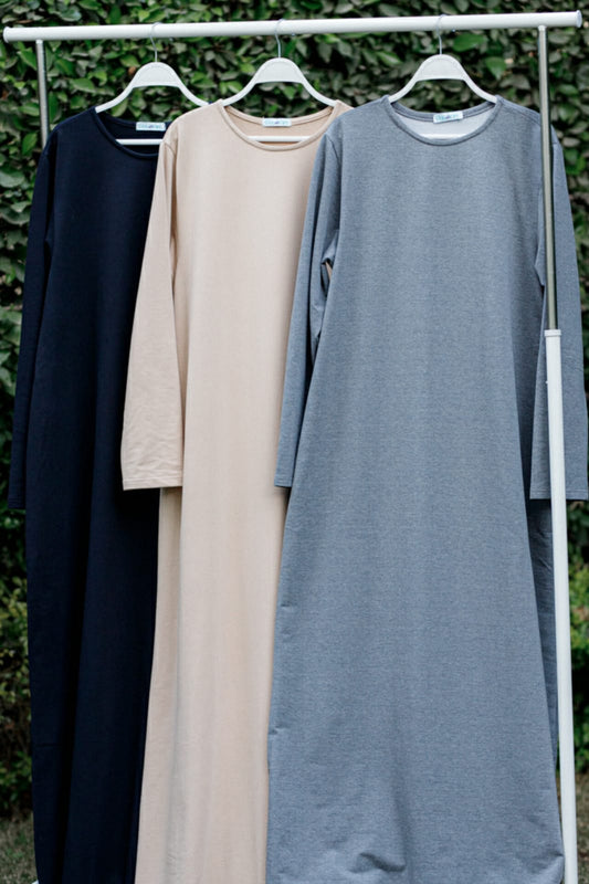 Beige Cotton Basic Dress with Sleeves