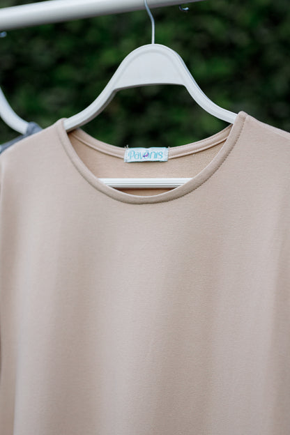 Beige Cotton Basic Dress with Sleeves