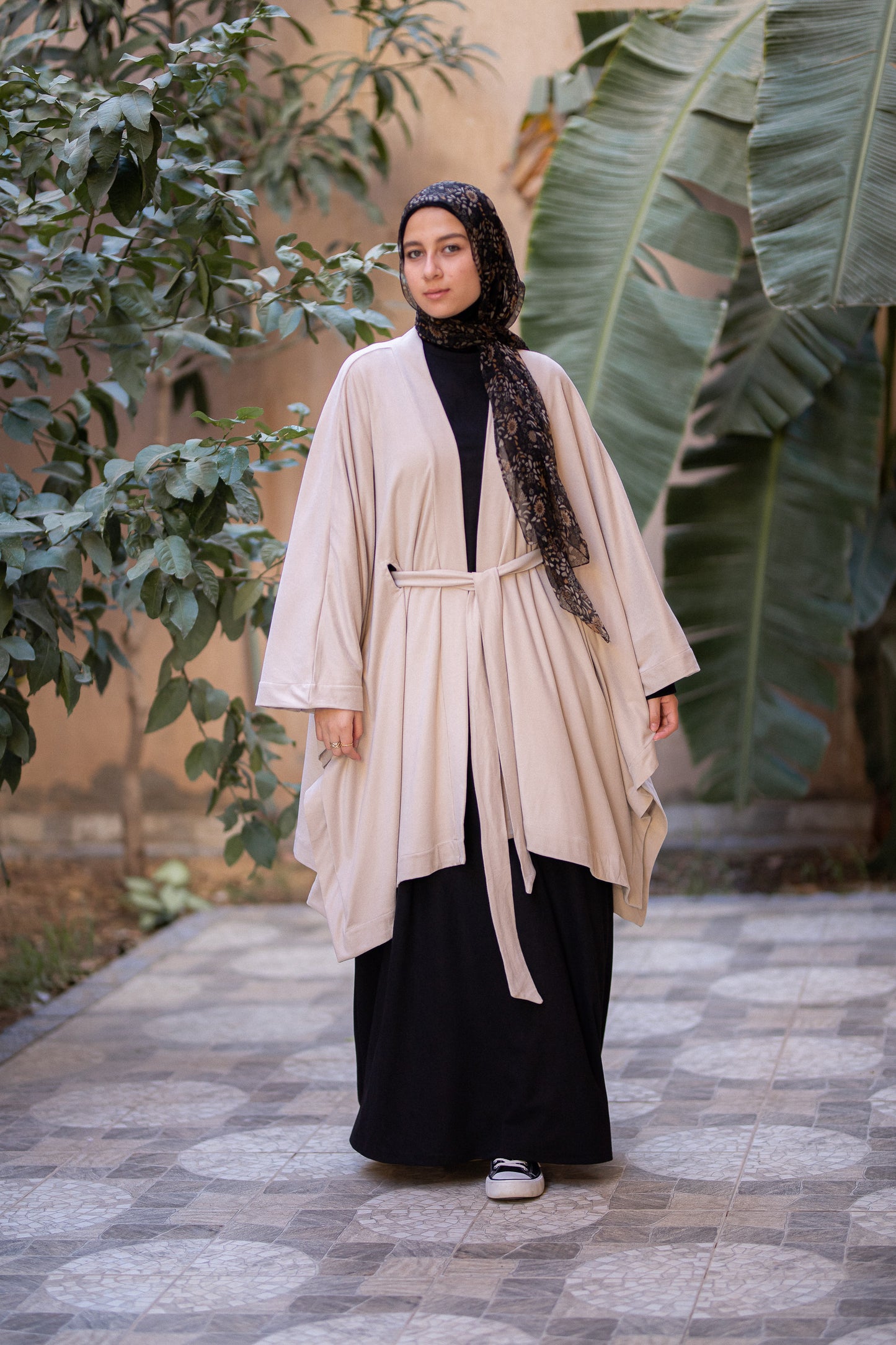 Knit Beige poncho with belt