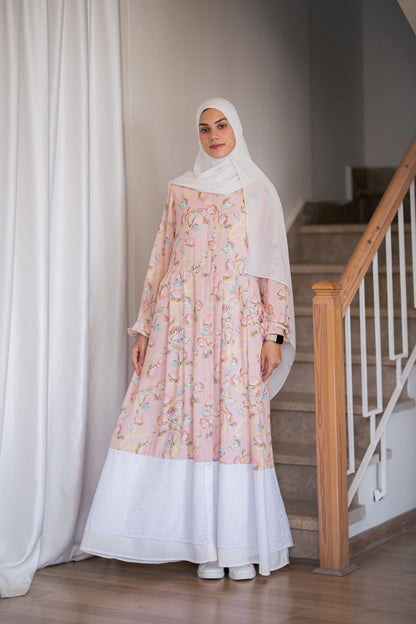Pink Floral Crepe Dress with lace Trim