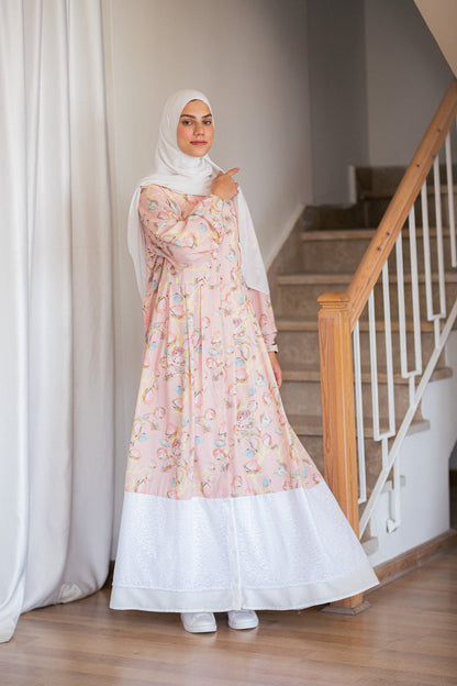 Pink Floral Crepe Dress with lace Trim